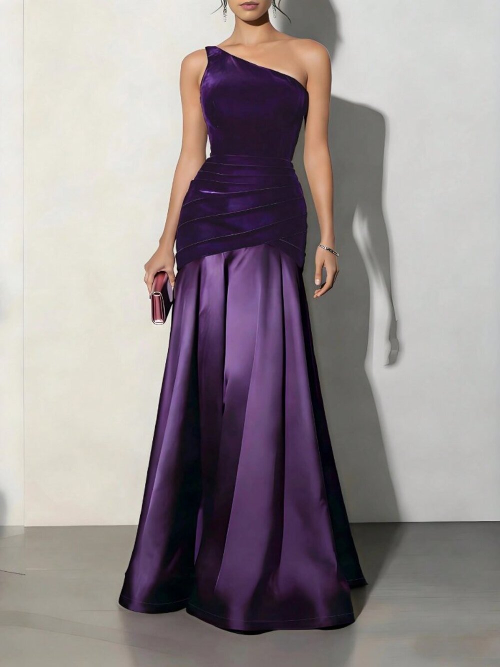 Purple Elegant velvet and satin mix one shoulder Formal Maxi Dress